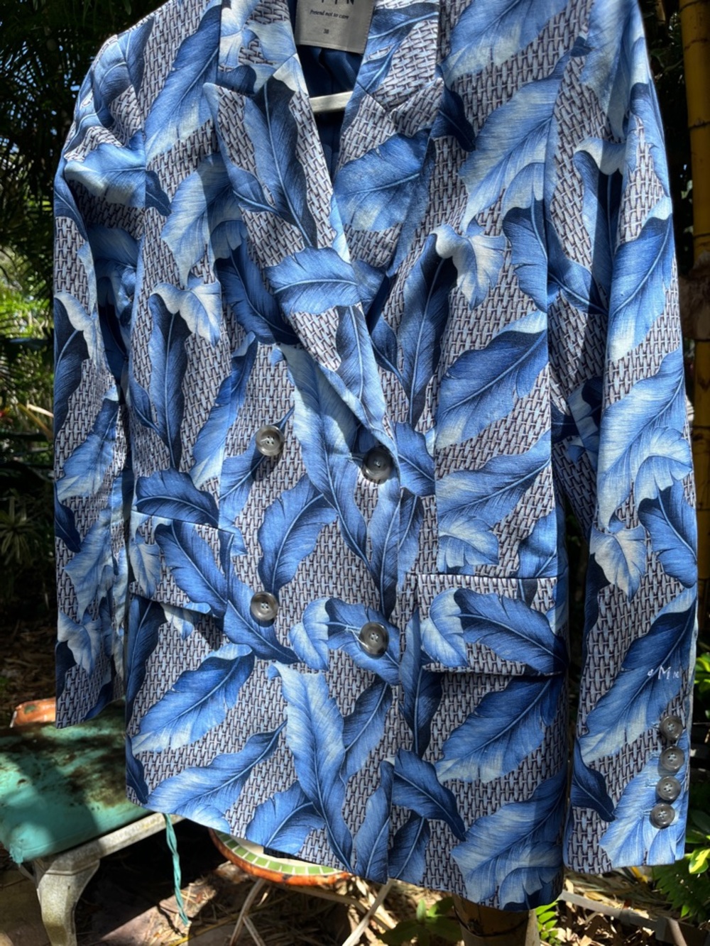 Dmn New Linen Blue Leaf-Print Double-Breasted Blazer NEW 4 Italy